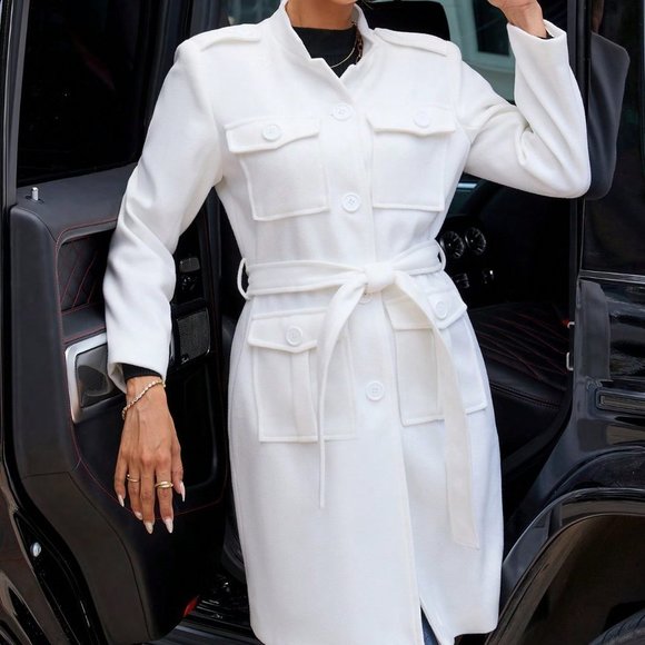 White Preppy Womens Flap Pocket Belted Overcoat - Picture 5 of 6